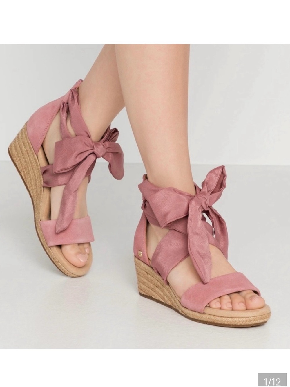 UGG Women's Pink Suede Tie-Strap Wedge Sandals, size 7.5, EUC